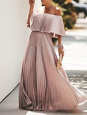 voordelige Oudjaarsjurken-A-Lijn Zomer Maxi Jurken voor Vrouwen Elegante Jurk Strand Bruiloft Feestkleding Bruiloft Feest Vloerlengte Halve Mouw Off Shoulder Chiffon met Plooien Ruffles jurk om indruk te maken