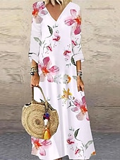 billige Blomstrete kjoler-Dame Maxi Kjole Casual Kjole Blomstrete Trykk V Hals Casual Daglig Ferie 3/4 Lengde Erme Sommer Vår