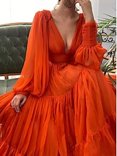 billige appelsin-A-Linje Kveldsdrakt Elegant Kjole Formell Bryllup Gjest Gulvlengde Lang Erme V Hals Chiffon med Rynker 2025