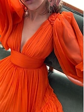 billige appelsin-A-Linje Kveldsdrakt Elegant Kjole Formell Bryllup Gjest Gulvlengde Lang Erme V Hals Chiffon med Rynker 2025