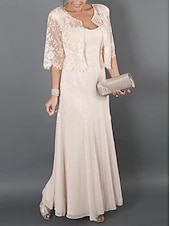cheap With Jacket-Two Piece Mother of the Bride Dress Wedding Guest Elegant Party Square Neck Ankle Length Chiffon Lace 3/4 Length Sleeve with Pleats Solid Color 2025 free custom size