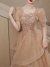 cheap Party Dresses-A-Line Party Dresses Elegant Dress Wedding Guest Prom Floor Length Short Sleeve Square Neck Tulle with Bow(s) Sequin  Masquerade Dress to impress