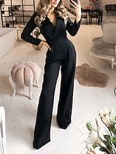 levne prázdninový overal-Dámské Běžný Kombinéza Elegantní Pevná barva Dlouhý rukáv Do V Kapsy Vysoký pas Kancelář Práce Běžný Černá Bílá Fialová Léto
