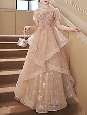 cheap Party Dresses-A-Line Party Dresses Elegant Dress Wedding Guest Prom Floor Length Short Sleeve Square Neck Tulle with Bow(s) Sequin  Masquerade Dress to impress