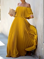voordelige Oudjaarsjurken-A-Lijn Zomer Maxi Jurken voor Vrouwen Elegante Jurk Strand Bruiloft Feestkleding Bruiloft Feest Vloerlengte Halve Mouw Off Shoulder Chiffon met Plooien Ruffles jurk om indruk te maken