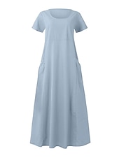 levne Šaty-Dámské Světlá růžová Nebeská modř Khaki Léto Maxi dlouhé šaty Maxi šaty Bavlněné lněné šaty Volnočasové šaty Jednobarevné Denní Volný Tričkový