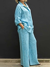 cheap Sets-Women&#039;s Loungewear Linen-Inspired Sets Two Piece Sets Casual Comfort Pure Color Pocket Elastic Waist Shirt  Vacation Street Daily Long Sleeve Lapel Pink Blue Green Light Grey Summer Spring Fall