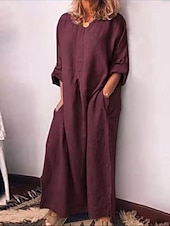 preiswerte Kleider aus Baumwolle und Leinen entwerfen-Damen Casual kleid Sommerkleid aus Baumwolle Maxidress Leinen Tasche Täglich Urlaub Rundhalsausschnitt Langarm Sommer Frühling Herbst Schwarz Gelb Glatt
