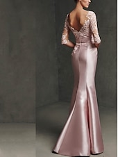cheap PINK-Mermaid Mother of the Bride Dress Formal Formal Evening Elegant Party Scoop Neck Floor Length Satin Lace 3/4 Length Sleeve with Pleats Split Front 2025