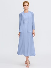 voordelige Met Jas-Strand Bruiloft Twee Delige Sheath Moeder van de Bruid Jurk Bruids Gast Elegante Plus Size Edelsteenhals Thee Lengte Chiffon Mouwloos Wrap Inbegrepen met Ceintuur  Riem Plooien Beading 2025