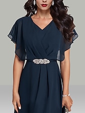 cheap Wedding Guest Dresses-A-Line Wedding Guest Dresses Elegant Dress Semi Formal Tea Length Short Sleeve V Neck Belt / Sash Chiffon with Beading