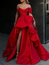 billige SVART-A-Linje Kveldsdrakt Festkjole Maskerade Prom Sweep  Brush Tog Uten Ermer Off Shoulder Sateng med Split