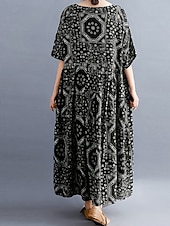 billige Boho-kjoler-Dame Maxikjole Uformell kjole Etnisk kjole Swingkjole Sommerkjole Årgang Retro Rød Fritid Feriereise Daglig Ferie Løstsittende Stamme Halvlange ermer Crew-hals Svart Rød Navyblå Sommer Vår Høst