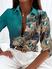 economico Top d&#039;Arte e Design per Donne-Camicia da donna Base Neon  Luminosi Bottoni Stampa Maniche Lunghe Top Regolari Collo Camicia Casual Verde Primavera Autunno
