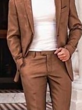 voordelige Casual pakken-Heren Bruiloft Strand Linnen pakken Bruin Beige Effen Getailleerd 2-delige set Enkele rij knopen met twee knopen