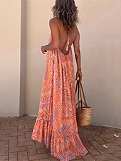olcso Vakációs ruhák-Női Maxi hosszú ruha Boho ruha Boho elegáns ruhák Falevél Csehország Alkalmi Napi Szabadság Fodrozott Nyitott hátú Ujjatlan Kötőfék nyaka Ruha Normál Narancssárga Nyár Tavasz S M L XL