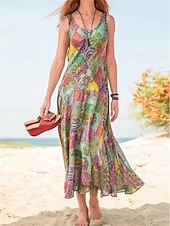 tanie Wakacyjne sukienki-Damskie Sukienka maxi Codzienne sukienki Sukienka na szerokich ramiączkach Letnie sukienki Sukienka Boho Bohema Moda miejska Codzienny Na zewnątrz Urlop Wyjściowe Luźna Kwiaty Bez rękawów W serek
