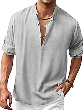 economico Casual da lavoro-Per uomo Camicia Camicia in lino e cotone Camicia con colletto cinese Camicia con colletto alla coreana Camicia popover Camicia estiva Liscio Da mare Informale Nero Bianco Blu Marrone Manica lunga