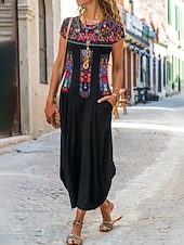 abordables Robes Boho-Robe Maxi Femme Robe Décontractée Vintage Vacances Ajustement Régulier Fleurie Manches Courtes Col Ras du Cou Noir Jaune Kaki Été