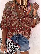 preiswerte Damen Kunst- und Design-Oberteile-Damen Hemd Bluse Basic Knöpfe Print Langarm Normal Oberteile V-Ausschnitt Casual Rosa Rot Blau Lila Braun Frühling Herbst