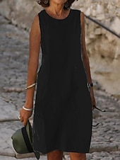 cheap Dresses-Women&#039;s Light Blue Black White Summer Spring Midi Dress White Dress Cotton Linen Dresses Sundress Classic Casual Vacation Daily Loose Fit Plain U Neck