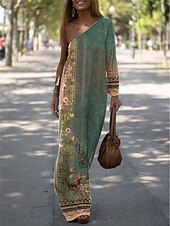 tanie Sukienki kwiatowe na co dzień-Damskie Długa sukienka sukienka maxi Codzienne sukienki Sukienka z nadrukiem Kwiaty Geometryczny Moda Moda miejska Na zewnątrz Święto Wyjściowe Nadruk Długi rękaw Na jedno ramię Sukienka Szczupła