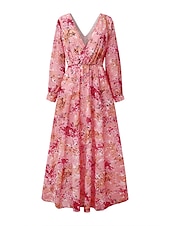 preiswerte Lässige Blumenkleider-damen swingkleid maxi langes kleid rosa langarm floral print frühling sommer tiefes v elegant boho 2022 s m l xl xxl xxxl