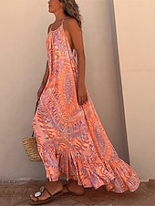 olcso Vakációs ruhák-Női Maxi hosszú ruha Boho ruha Boho elegáns ruhák Falevél Csehország Alkalmi Napi Szabadság Fodrozott Nyitott hátú Ujjatlan Kötőfék nyaka Ruha Normál Narancssárga Nyár Tavasz S M L XL
