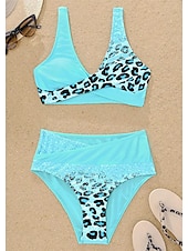 billiga Bikiniset-Dam Vanligt Badkläder Bikini Baddräkt 2 st Tryck Standkläder Sommar Leopard Ärmlös Baddräkter