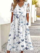ieftine Rochii casual florale-Pentru femei Rochii Midi Rochie A line Rochie de vară Rochie imprimata Modă Modern Mânecă din dantelă În aer liber Vacanță Zilnic Fit regulat Floral Manșon scurt Gât festonat Alb Vară Primăvară