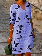 abordables Robe Fleurie-Robe Midi Femme Coton Lin Robe Décontractée Robe Shift Robe Midi Imprimée Décontractée Quotidien Vacances Col V Manches Courtes Été Printemps Blanc Violet Feuille