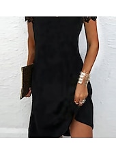 abordables robe noire midi-Femmes Mini Robe Robe de remise des diplômes Robe en Dentelle ancien Mode Quotidien Date Coupe régulière Uni Manche Courte Col carré Noir Été