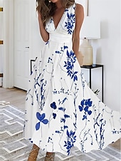 abordables Robes fleuries-Robes Maxi Femme Robe Décontractée Imprimé Floral Col V Décontractée Date Quotidienne Sans Manches Été Printemps