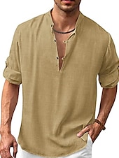 economico Casual da lavoro-Per uomo Camicia Camicia in lino e cotone Camicia con colletto cinese Camicia con colletto alla coreana Camicia popover Camicia estiva Liscio Da mare Informale Nero Bianco Blu Marrone Manica lunga