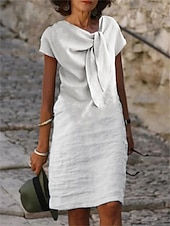 abordables vestidos de algodón y lino de diseño-Mujer Vestido blanco Vestido informal Vestido de Algodón Vestido Midi Acordonado Anudado Básico Casual Diario Vacaciones Escote en Pico Manga Corta Verano Primavera Negro Blanco Plano