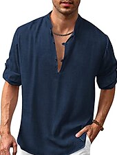 economico Casual da lavoro-Per uomo Camicia Camicia in lino e cotone Camicia con colletto cinese Camicia con colletto alla coreana Camicia popover Camicia estiva Liscio Da mare Informale Nero Bianco Blu Marrone Manica lunga