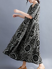 billige Boho-kjoler-Dame Maxikjole Uformell kjole Etnisk kjole Swingkjole Sommerkjole Årgang Retro Rød Fritid Feriereise Daglig Ferie Løstsittende Stamme Halvlange ermer Crew-hals Svart Rød Navyblå Sommer Vår Høst