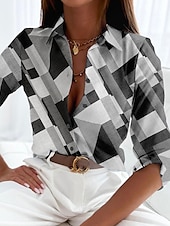 billiga Kvinnors randiga och geometriska toppar-Damtröja Knapp Ned Tunika Tröja Krage Lång Ärme Elegant Vintage Mode Geometrisk s Tryck Regular Tops Avslappnad Rosa Blå Grön Khaki Grå Vår Höst