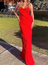 preiswerte Kleider für den-Damen schwarzes kleid Ballkleid abendkleider Rüsche Gespleisst Spaghetti-Träger Ärmellos kleid hochzeitsgast Urlaub Schwarz Rote Sommer Frühling