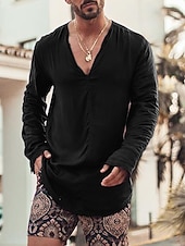 economico Vacanza-Per uomo Camicia camicia di lino Camicia estiva Abbigliamento mare Maglietta informale Liscio Da mare Curise Nero Bianco Azzurro Manica lunga A V Primavera estate Abbigliamento
