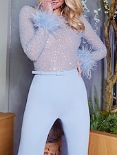 preiswerte Party-Overalls-Damen-Overall, hohe Taille, Feder, glitzernd, einfarbig, Rundhalsausschnitt, Streetwear, Hochzeit, Party, normale Passform, lange Ärmel, Weiß, Rosa, Blau, S, M, L, Sommer