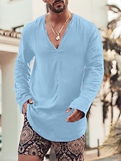 economico Vacanza-Per uomo Camicia camicia di lino Camicia estiva Abbigliamento mare Maglietta informale Liscio Da mare Curise Nero Bianco Azzurro Manica lunga A V Primavera estate Abbigliamento