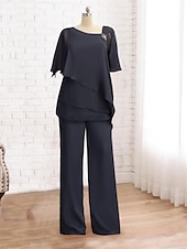 cheap Mom&#039;s Pant Suits-Two Piece Jumpsuit / Pantsuit Mother of the Bride  Formal Wedding Guest Church Elegant Plus Size Bateau Neck Floor Length Chiffon Sleeveless with Beading Cascading Ruffles Crystal Brooch