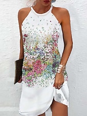 preiswerte Blumenkleider-Damen Mini Kleid Petite Kleid Sommerkleid Sommer Kleid Halterhals Kleid Aktive Mode Streetwear Outdoor Urlaub Täglich Regulär Fit Ombre Floral Blatt Ärmellos Halterhals Weiß Rot