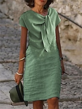 abordables vestidos de algodón y lino de diseño-Mujer Vestido blanco Vestido informal Vestido de Algodón Vestido Midi Acordonado Anudado Básico Casual Diario Vacaciones Escote en Pico Manga Corta Verano Primavera Negro Blanco Plano