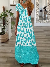 tanie Wakacyjne sukienki-Damskie Sukienka maxi Codzienne sukienki Sukienka z nadrukiem Moda Nowoczesny Codzienny Urlop Codzienny Święto Regularny Graficzny Marmurkowanie Krótki rękaw W serek Biały Żółty Jasnozielony Czerwony