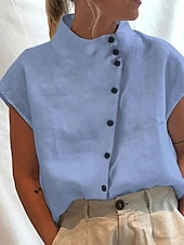 ieftine Bluze simple pentru femei-Pentru femei Cămașă Bluză Cămașă cu gât Culoare solidă Simplu Elegant De Bază Manșon scurt Mâneci Lejere Guler Pe Gât Topuri obișnuite Zilnic Nasturi Albastru Deschis Negru Alb Roz Îmbujorat Trifoi