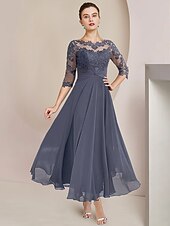 abordables Avec veste-Robe de mère de la mariée en deux pièces A-Line Robe invitée formelle Élégante Décolleté dégagé longueur thé Chiffon dentelle Manches 3/4 Wrap inclus avec appliques froncées 2025 taille personnalisée