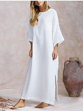 preiswerte Weiße Freizeitkleider-Damen Weiß Kaki Frühling Herbst Maxidress Weißes Kleid Casual kleid Sommerkleid aus Baumwolle Basic Brautkleider schlicht Outdoor Täglich Lockere Passform Einfarbig Rundhalsausschnitt