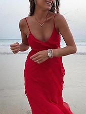preiswerte Kleider für den-Damen schwarzes kleid Ballkleid abendkleider Rüsche Gespleisst Spaghetti-Träger Ärmellos kleid hochzeitsgast Urlaub Schwarz Rote Sommer Frühling